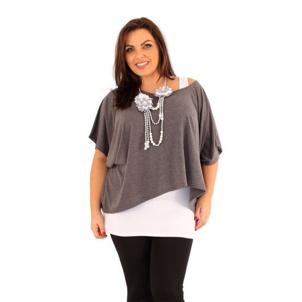 tunique grande taille - tunique 2en1 + collier amovible "Josie" gris foncé (face portée)