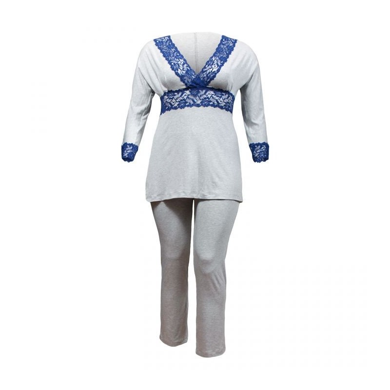 pyjama grande taille - pyjama gris bordures dentelle transparente Andaléa (face)