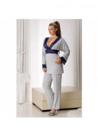 pyjama grande taille - pyjama gris bordures dentelle transparente Andaléa Raquel (porté)