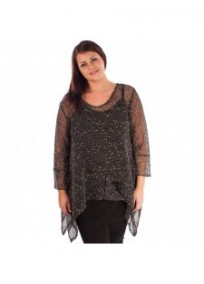 tunique grande taille - top maille filet évasé noir chiné magna fashion