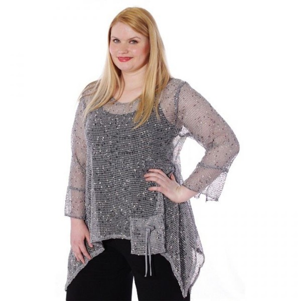 tunique grande taille - top maille filet évasé gris chiné magna fashion