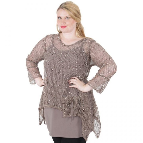 tunique grande taille - top maille filet évasé marron chiné magna fashion